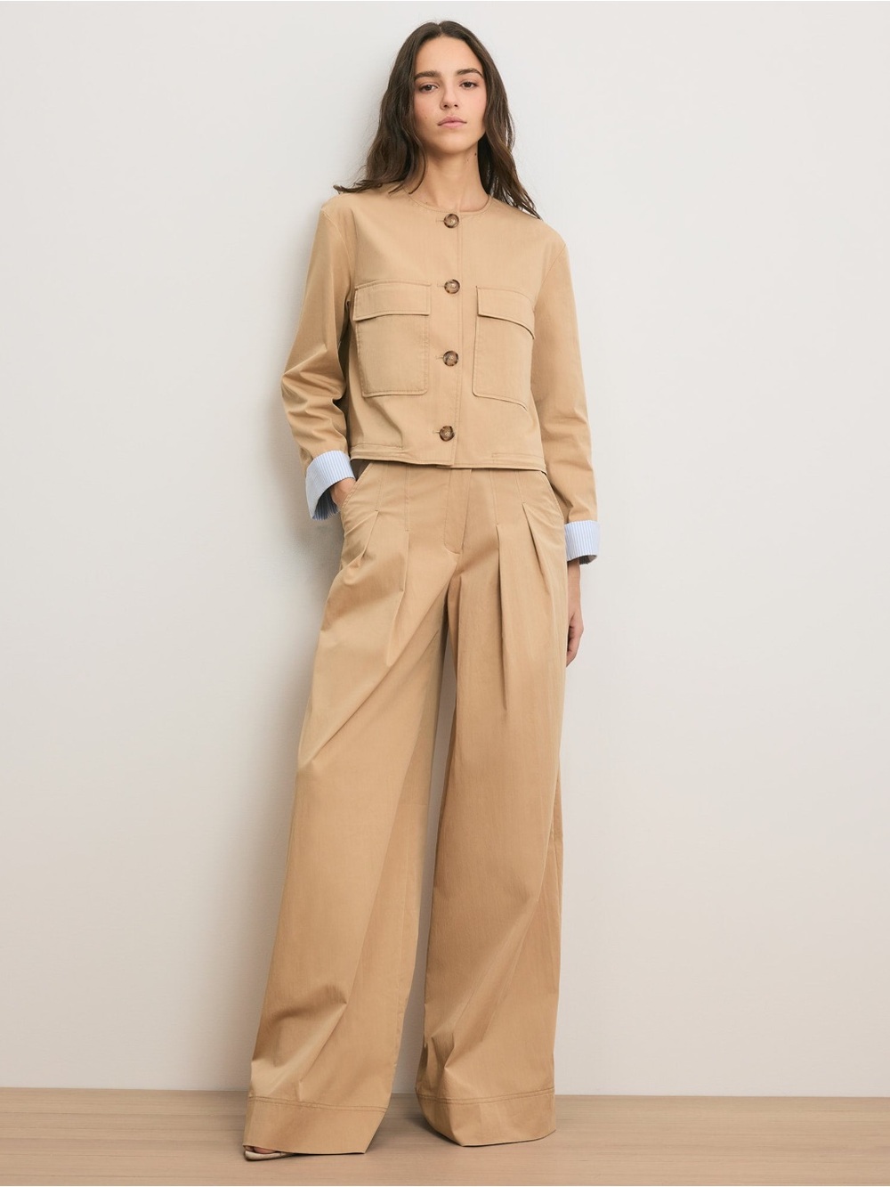 Veronica Beard heron Crossover Waistband Pant | Beige High-Waisted Wide-Leg Trou